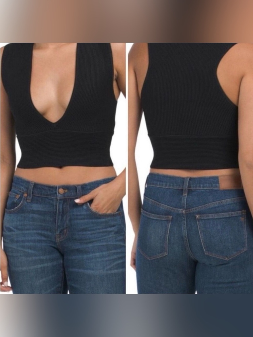 House of Harlow 1960 Black Ribbed V-Neck Crop Top